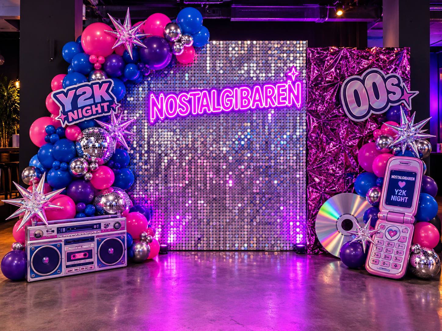 Y2K Night-dekoration med neonskylt och balonger